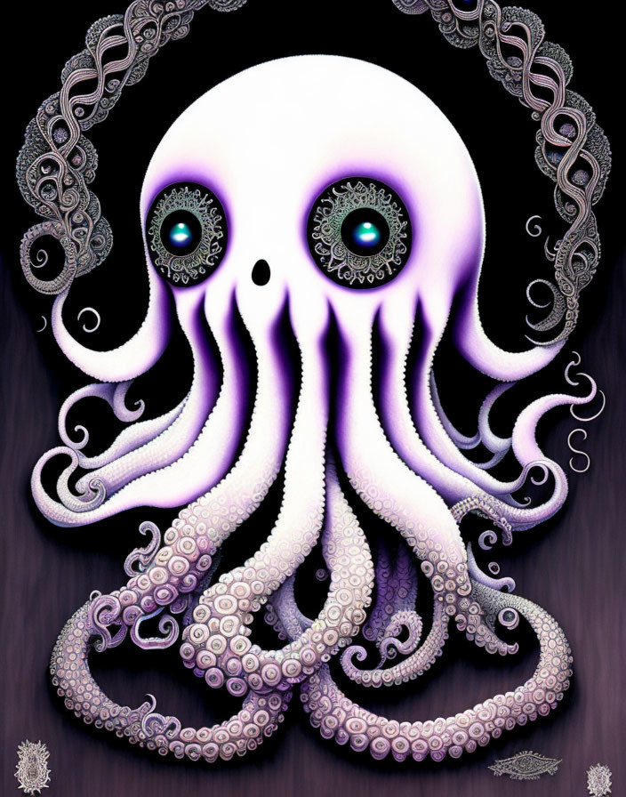 Stylized octopus illustration with expressive eyes and intricate purple tentacles