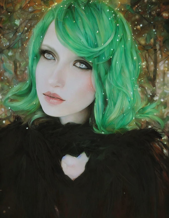 Vibrant green hair and blue eyes in dark furry outfit against snowy autumn backdrop