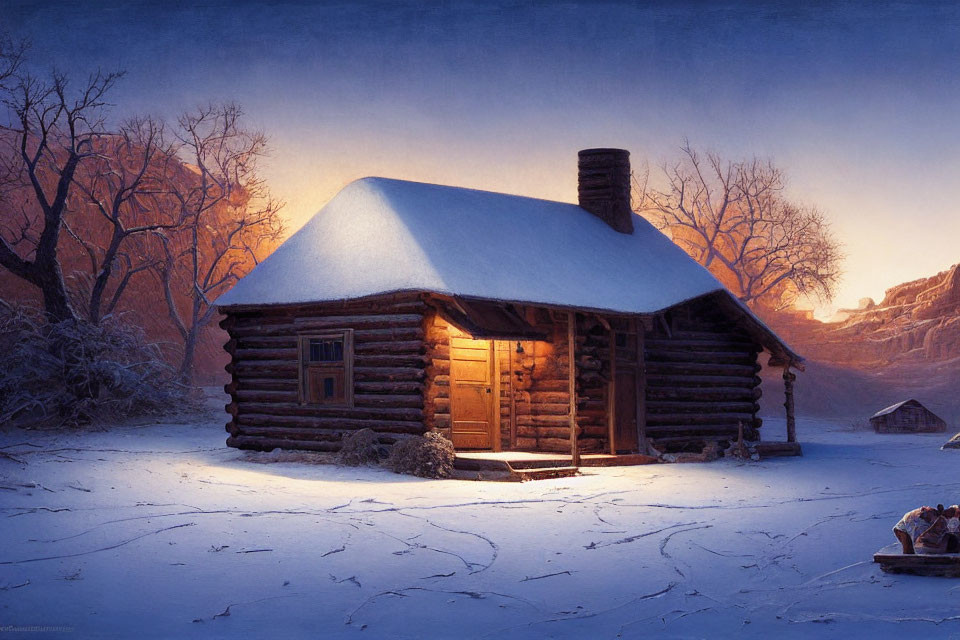 Snowy log cabin at dusk with warm glowing light and animal tracks