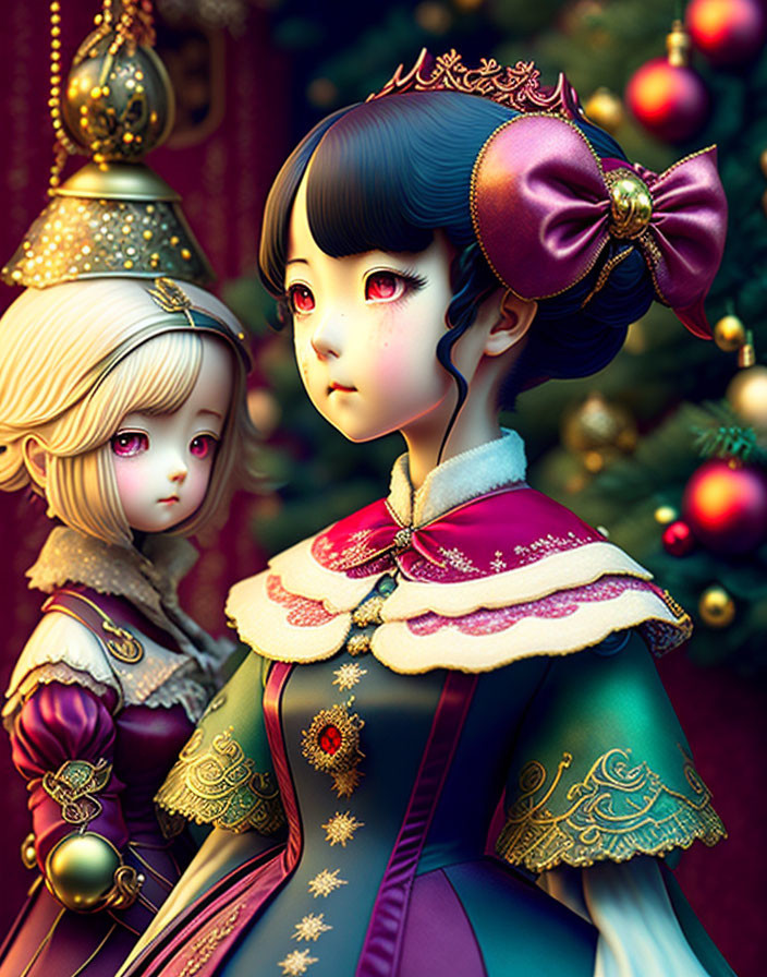 Stylized dolls with intricate dresses in festive Christmas scene