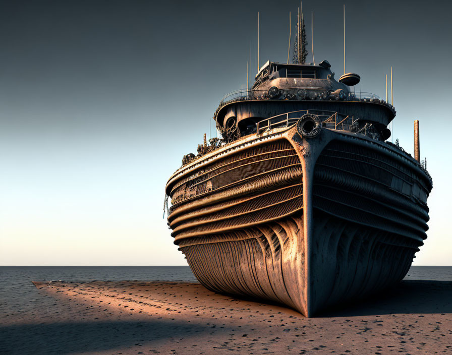 Desert landscape: Abandoned shipwreck under clear sky