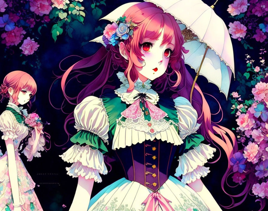 Brown-haired girl with parasol in Victorian dress against floral night background