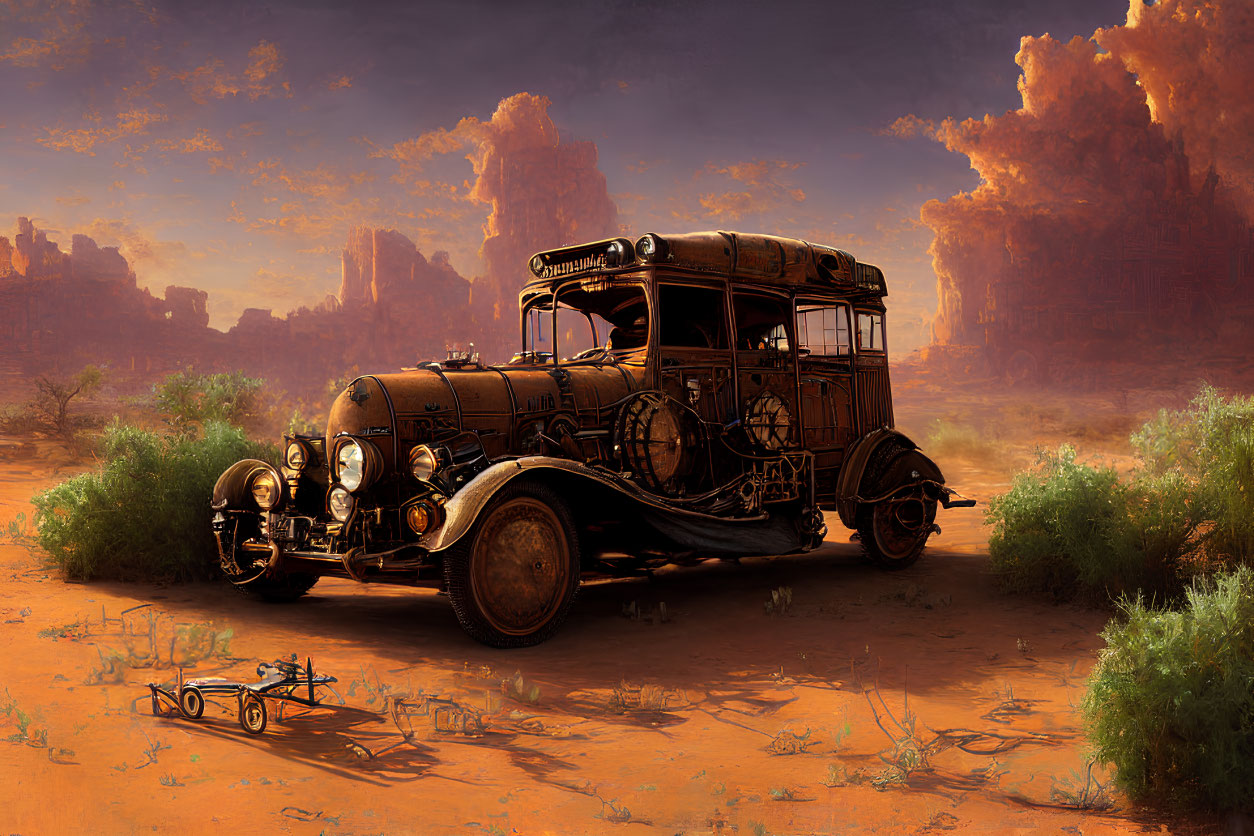 Steampunk-style bus in desert with rock formations under hazy sky