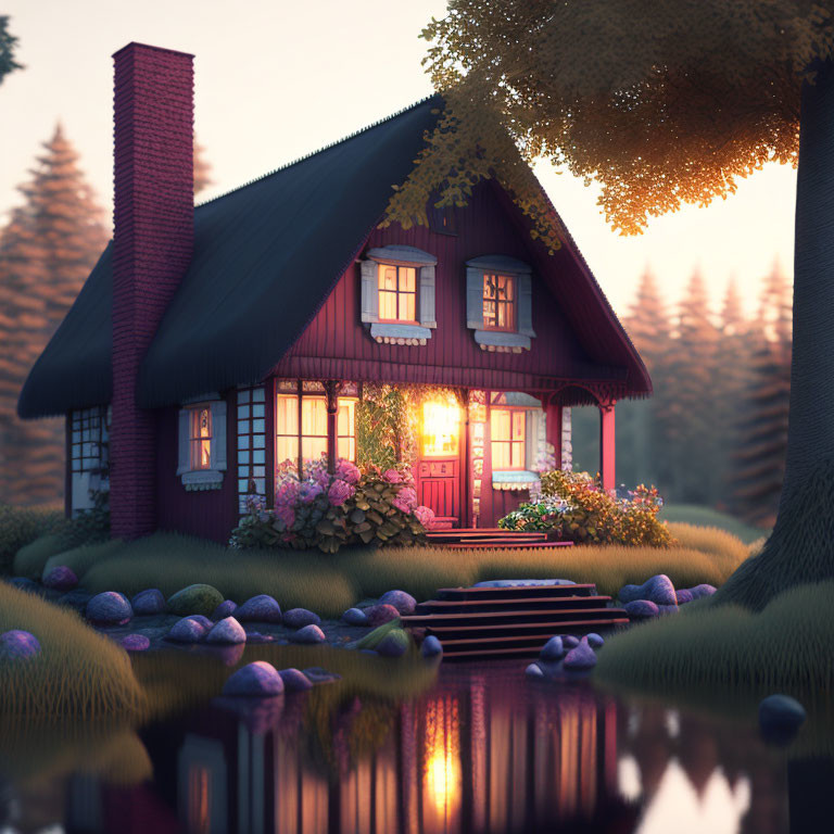 Red Wooden House with Lit Porch in Serene Sunset Ambiance