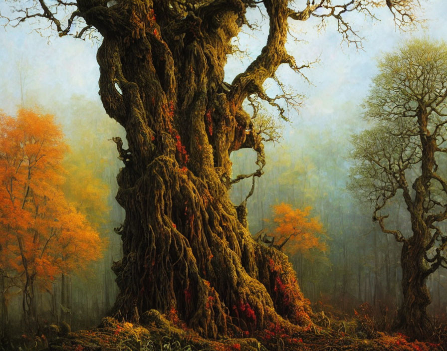 Majestic ancient tree in misty autumn forest