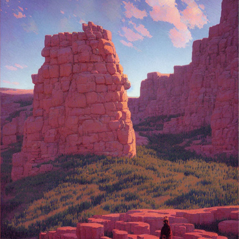 Person admiring majestic rock formations at sunrise or sunset above forested canyon