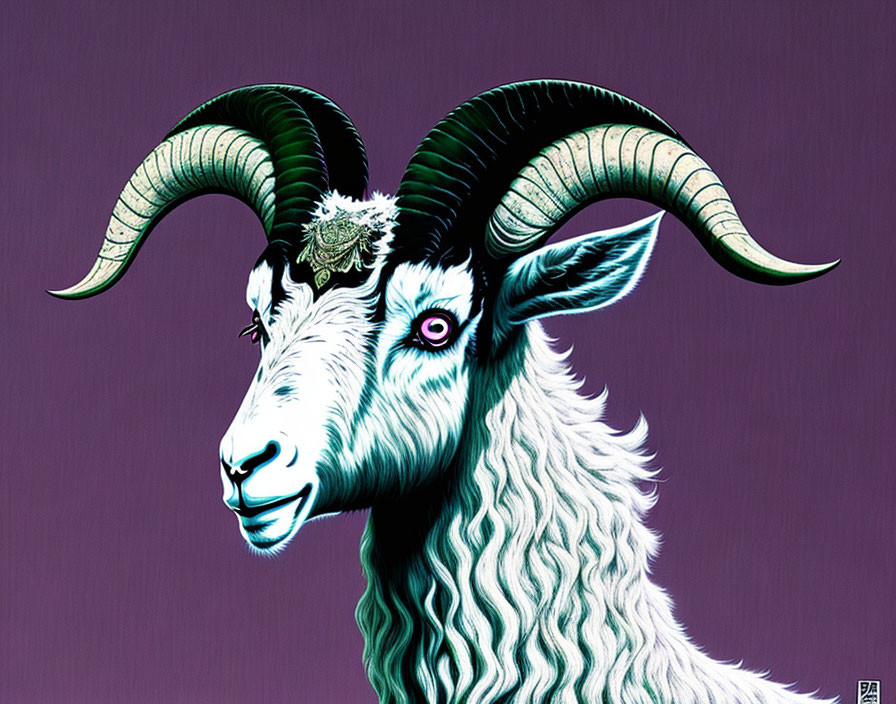 Stylized white goat with curved horns, pink eye, blue lips on purple background