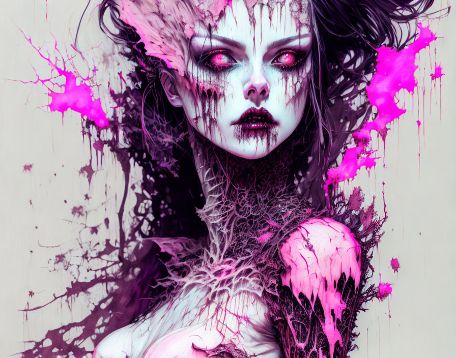 Fantasy illustration of pale-skinned female with red eyes and dark lips surrounded by purple and magenta
