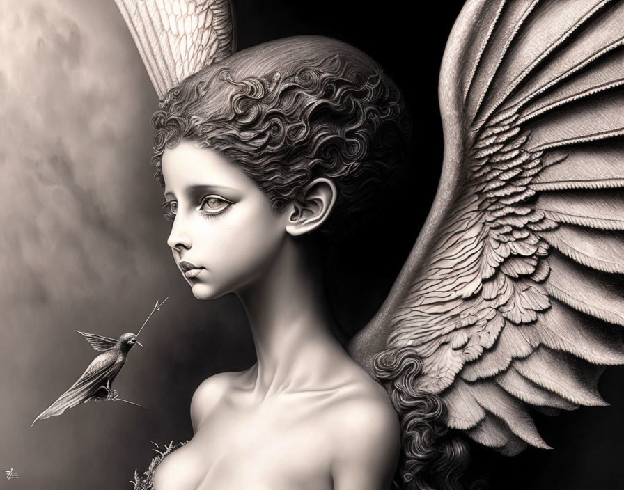 Monochrome artistic illustration of female figure with angelic wings and ornate hair observing bird.