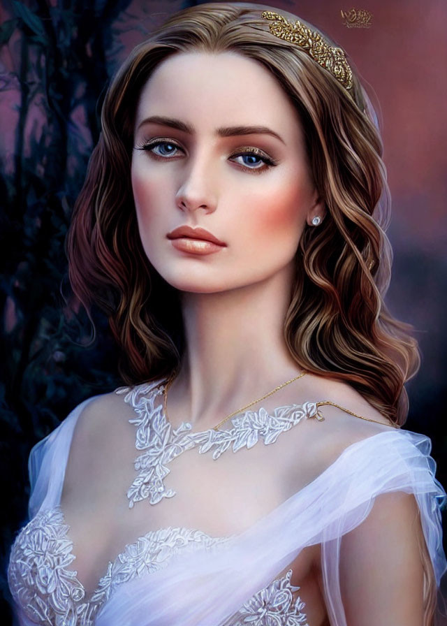 Illustrated portrait of woman with wavy brown hair, tiara, white dress, floral embroidery.