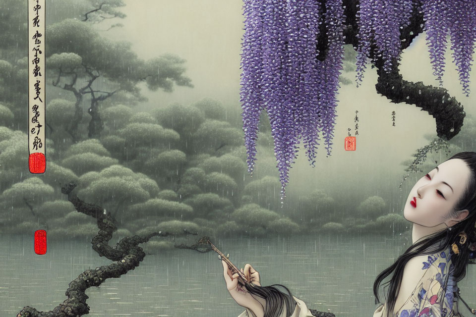 Woman in traditional attire under purple wisteria and misty green trees