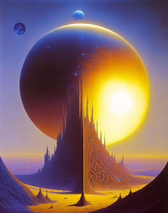 Sci-fi landscape with towering spire-like structures in yellow and blue sky