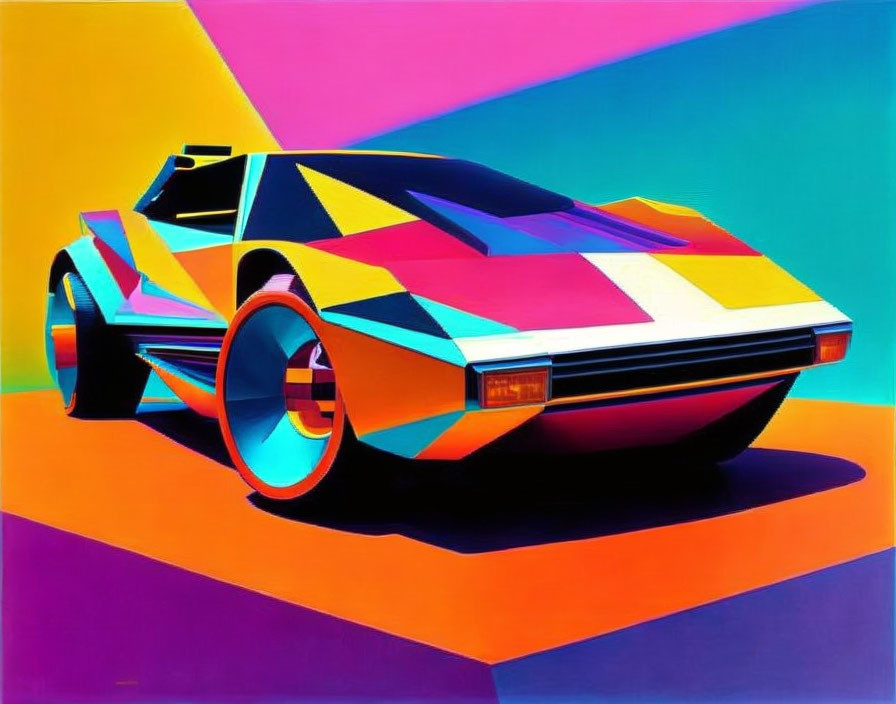 Colorful geometric abstract art with stylized car design on vibrant backdrop