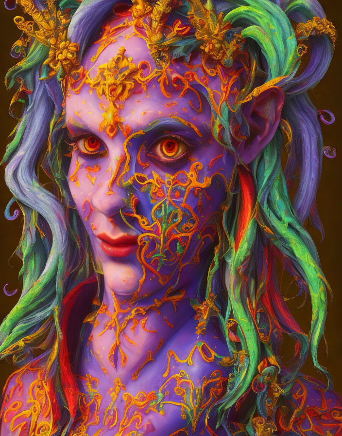 Colorful portrait of mystical being with blue skin and golden adornments