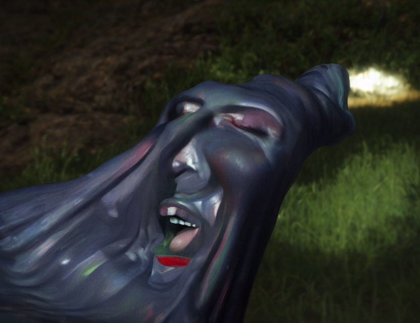 Surreal melting face with vivid colors on grassy background