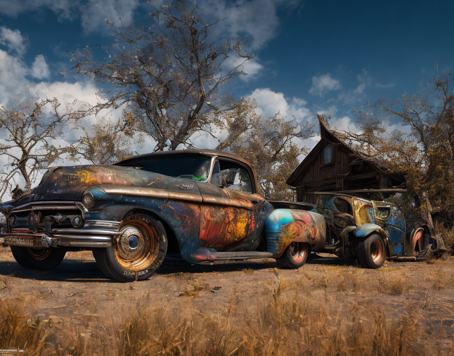 Abandoned graffiti-painted car in barren field with wooden shack and leafless trees