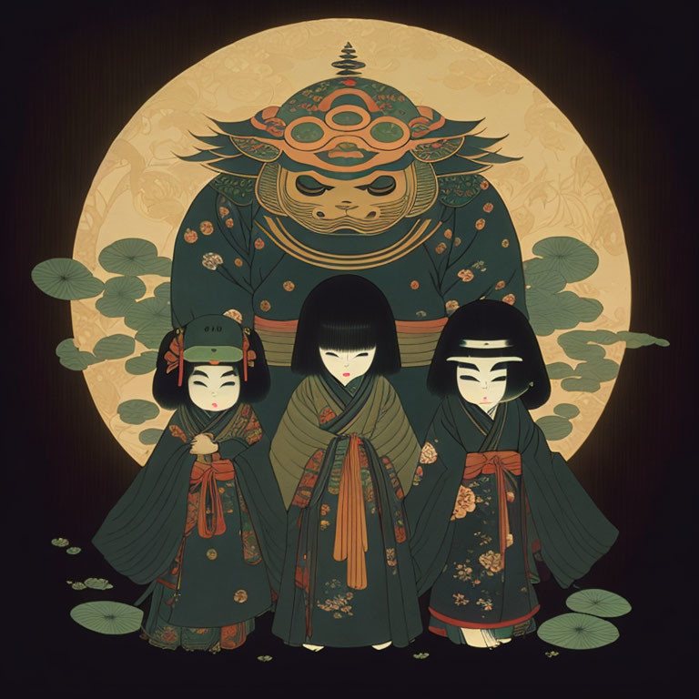 Stylized characters in traditional robes face imposing figure in moonlit scene