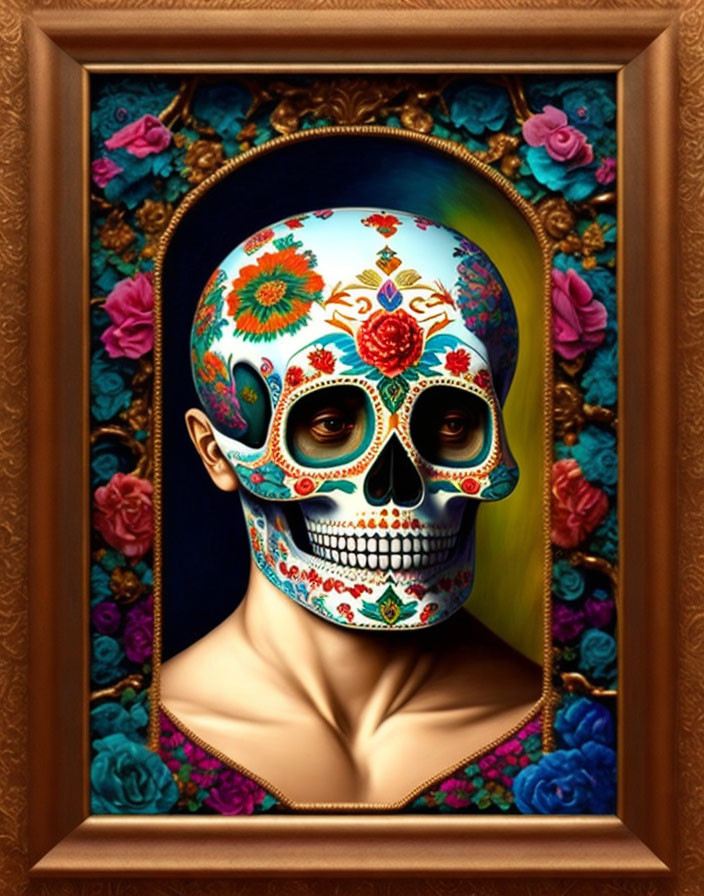 Colorful floral skull face painting in ornate gold frame