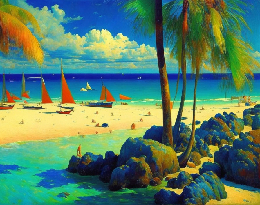 Tropical beach scene with palm trees, sailboats, and sunny skies