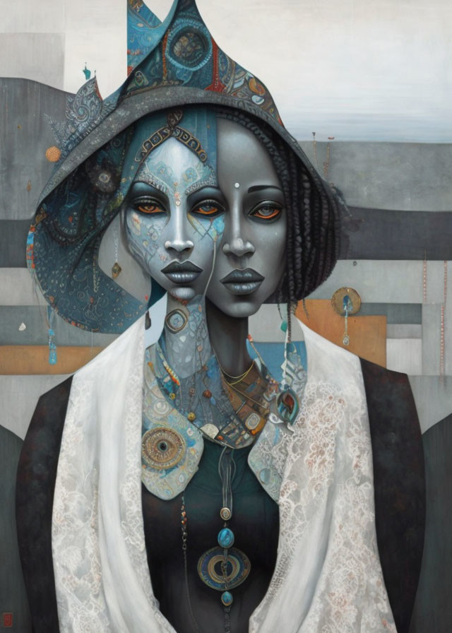 Surreal Artwork: Two Women with Cosmic Headdresses