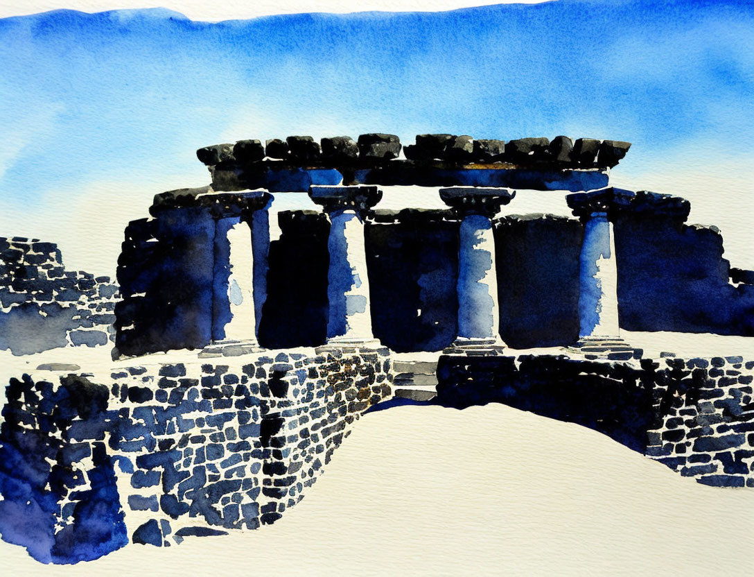 Ancient stone ruins with columns in vibrant watercolor.