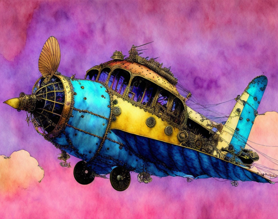 Fantastical colorful airship in fluffy cloud-filled sky