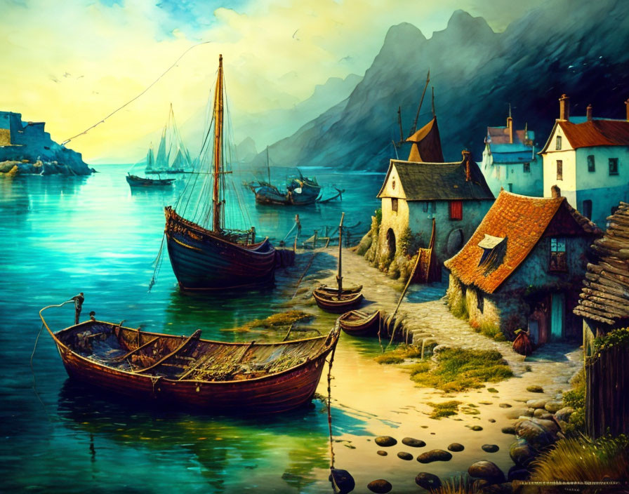 Tranquil coastal village painting with boats, houses, and mountains under warm sky