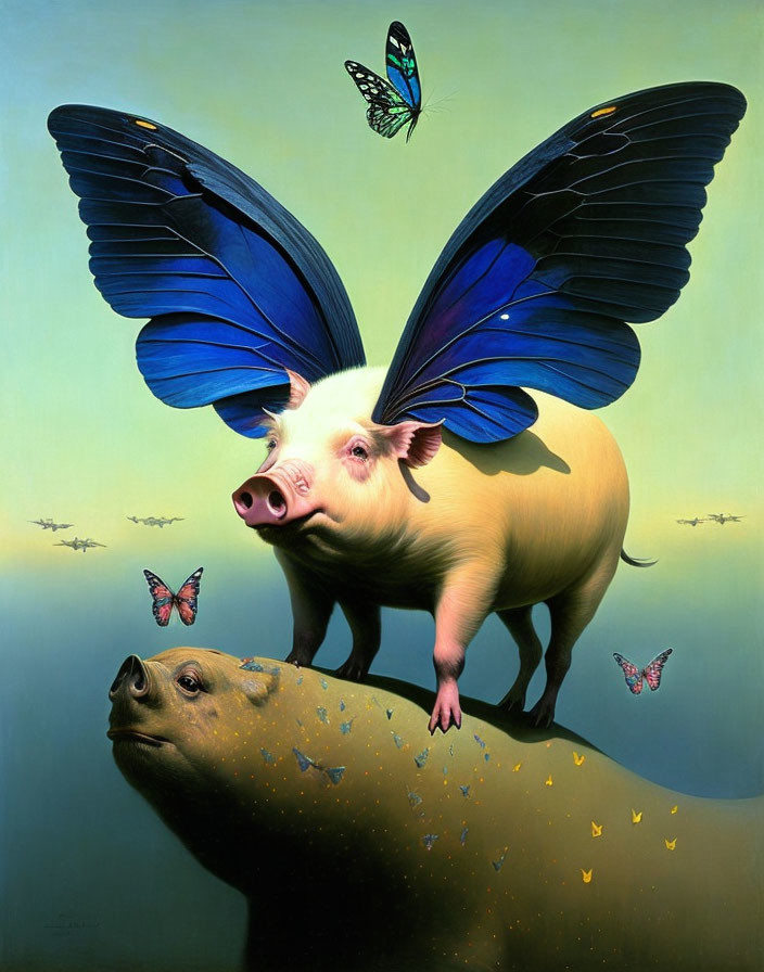 Colorful painting of pig with butterfly wings on reclining pig with fluttering butterflies