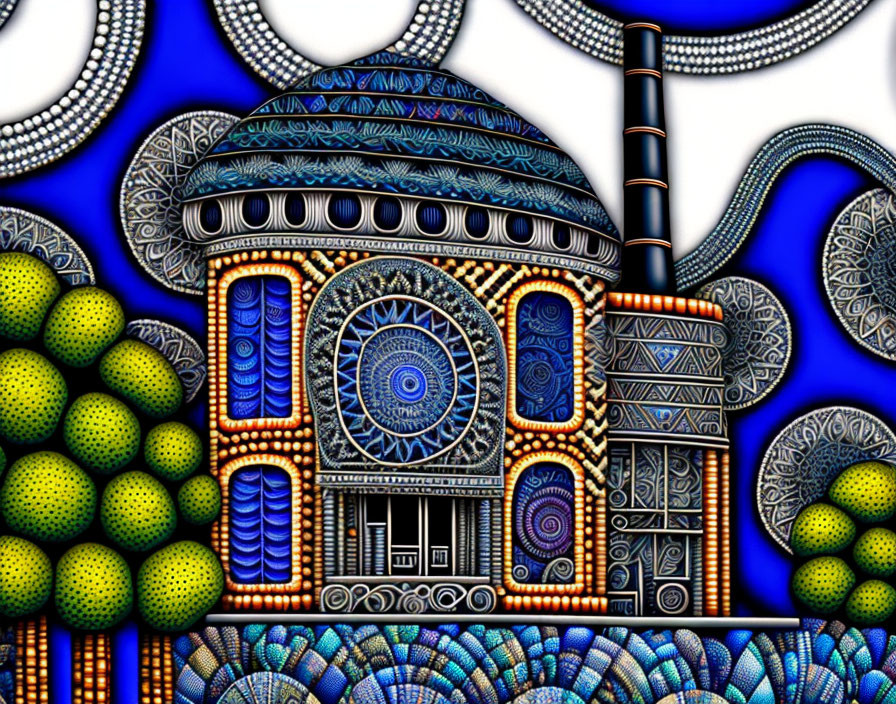 Colorful digital artwork featuring stylized building with dome and chimney surrounded by circular motifs and bead-like elements