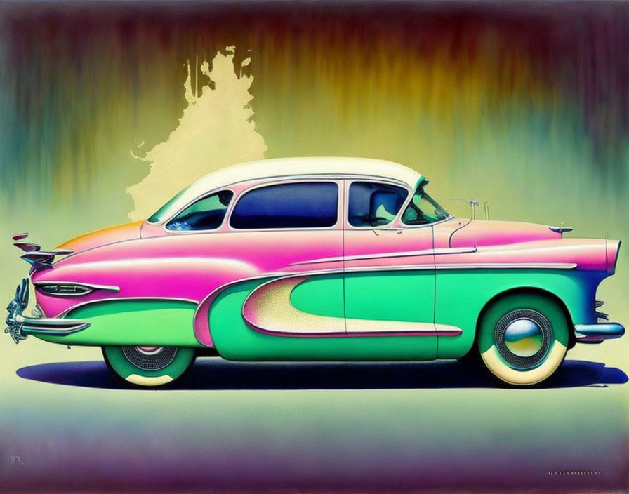 Digitally Altered Classic Car with Exaggerated Features and Vibrant Colors