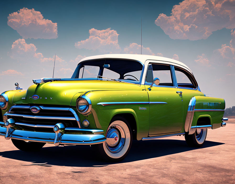 Vintage Green and Black Two-Toned Car with Chrome Details under Clear Sky