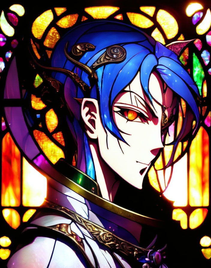 Blue-haired anime character with golden headpiece by vibrant stained glass window