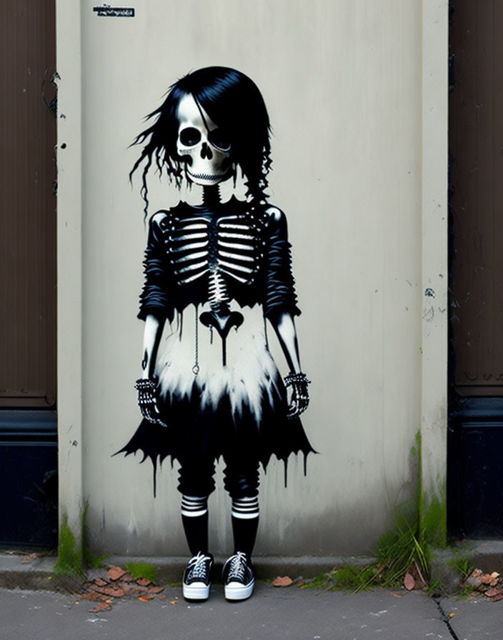 Skeleton girl street art with black hair and striped outfit on beige door