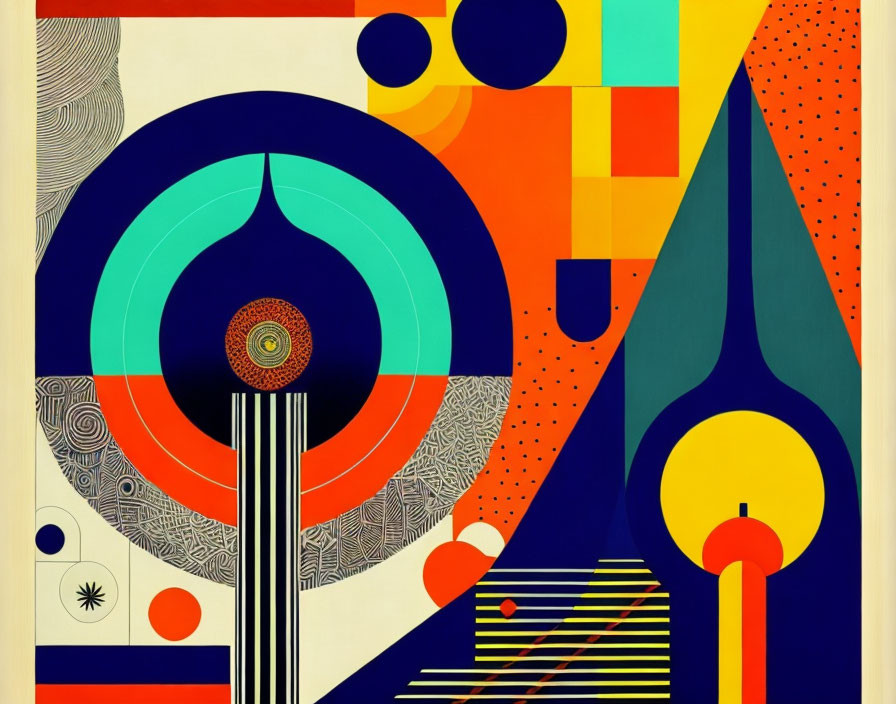 Colorful abstract art: geometric shapes, dots, lines in red, blue, yellow, black palette