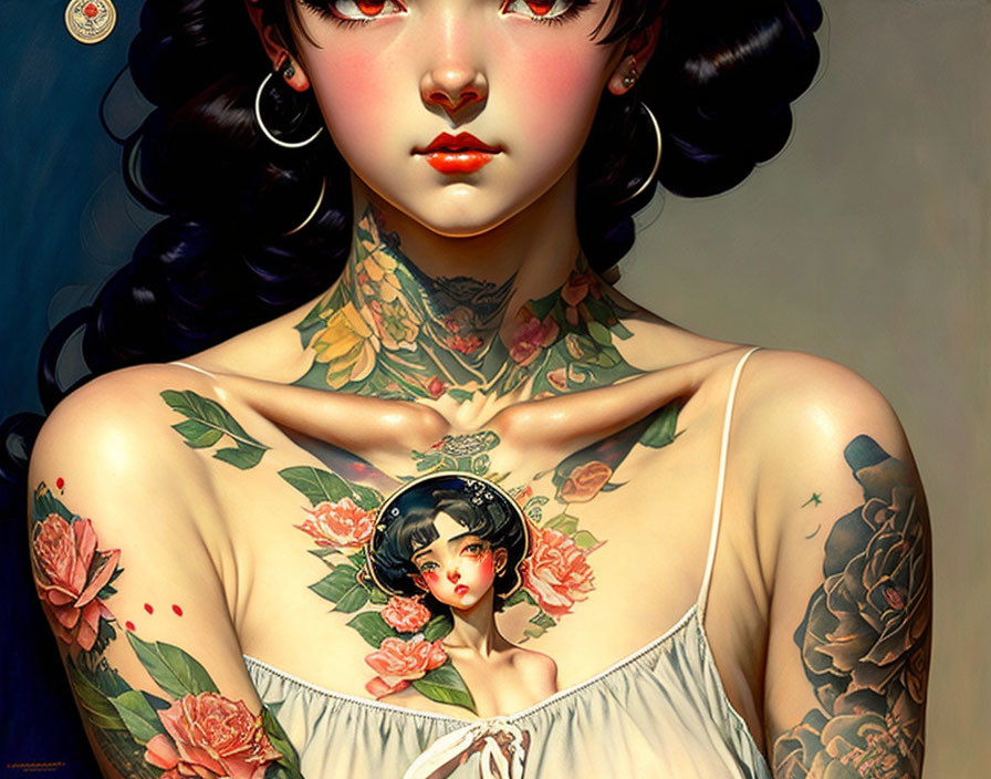 Woman with Black Hair, Vibrant Tattoos, and Locket in Illustration