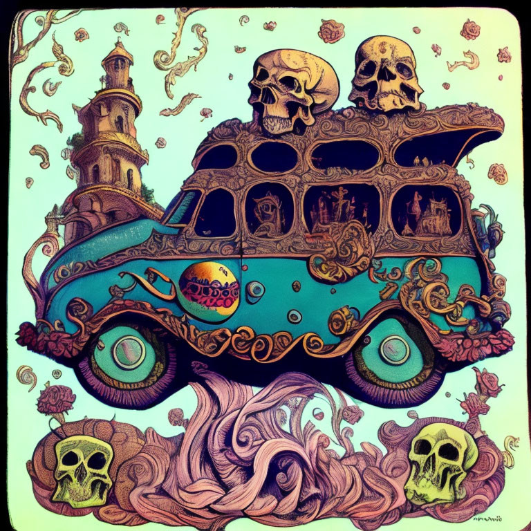 Whimsical turquoise vintage bus illustration with skulls and fantasy backdrop