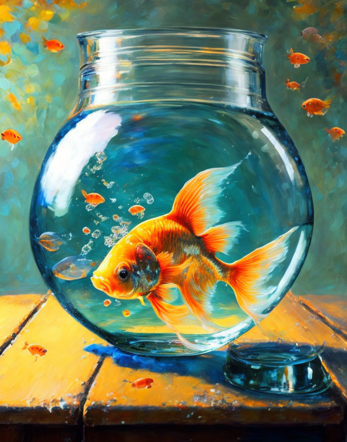 Colorful Goldfish Painting on Wooden Surface with Bubbles