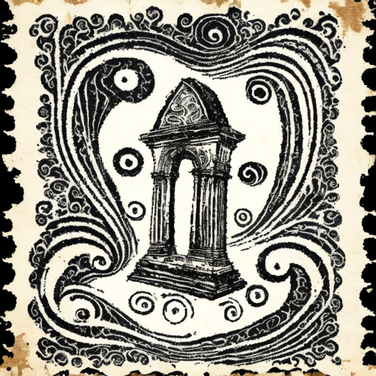 Detailed ink drawing of architectural pillar with classic pediment and Yin and Yang swirls on textured background