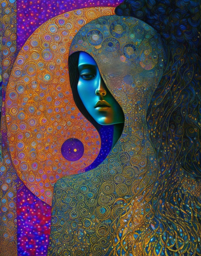 Vivid artwork of woman with blue skin and cosmic patterns in blue, orange, and gold