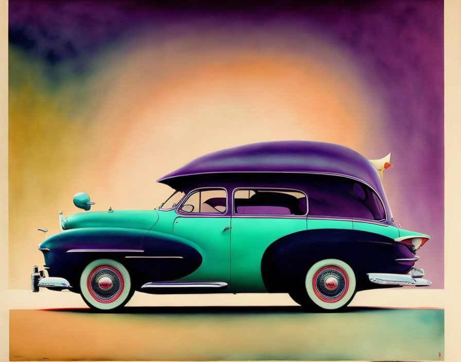 Vintage teal and black car with white-wall tires on gradient background