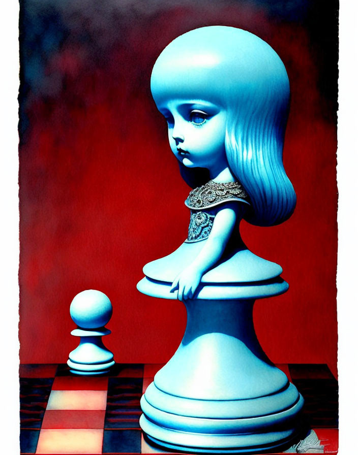 Surreal illustration: large-headed doll on chess pawn in checkerboard setting