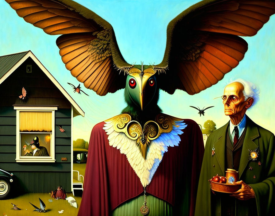 Surreal painting of bird-headed man with elderly gentleman, house, insects, and birds