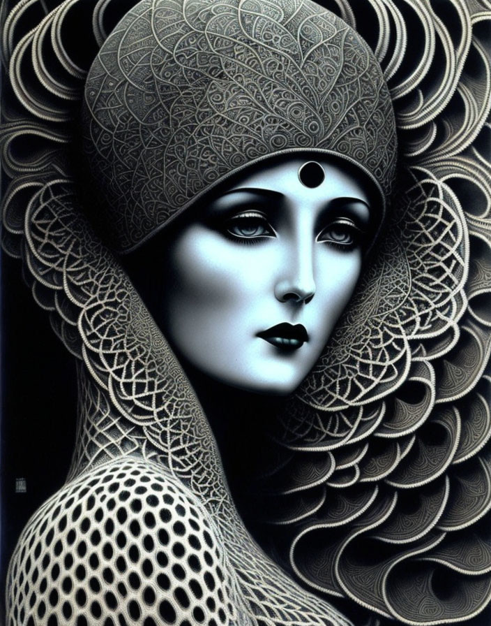 Monochromatic artwork of stylized woman with patterned headgear and dramatic makeup