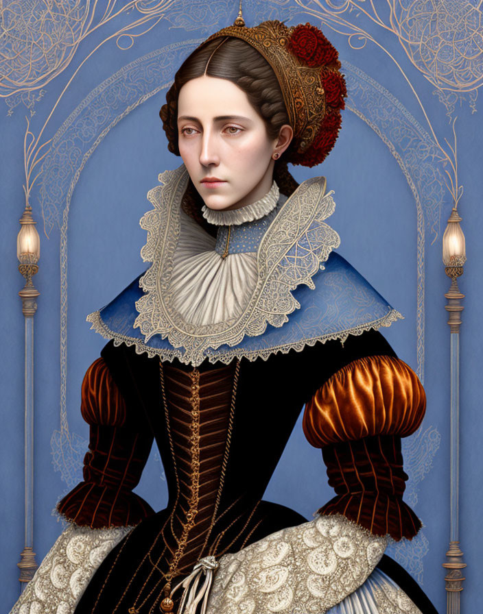 Victorian era woman portrait with lace collar and ornate headdress on blue background