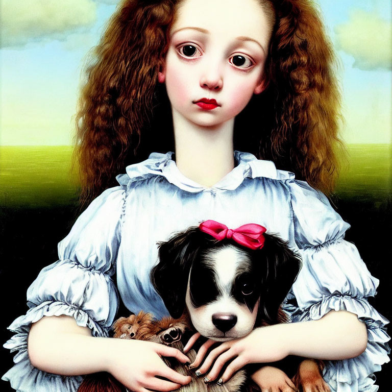 Girl with large eyes and curly hair holding black and white puppy with red bow outdoors