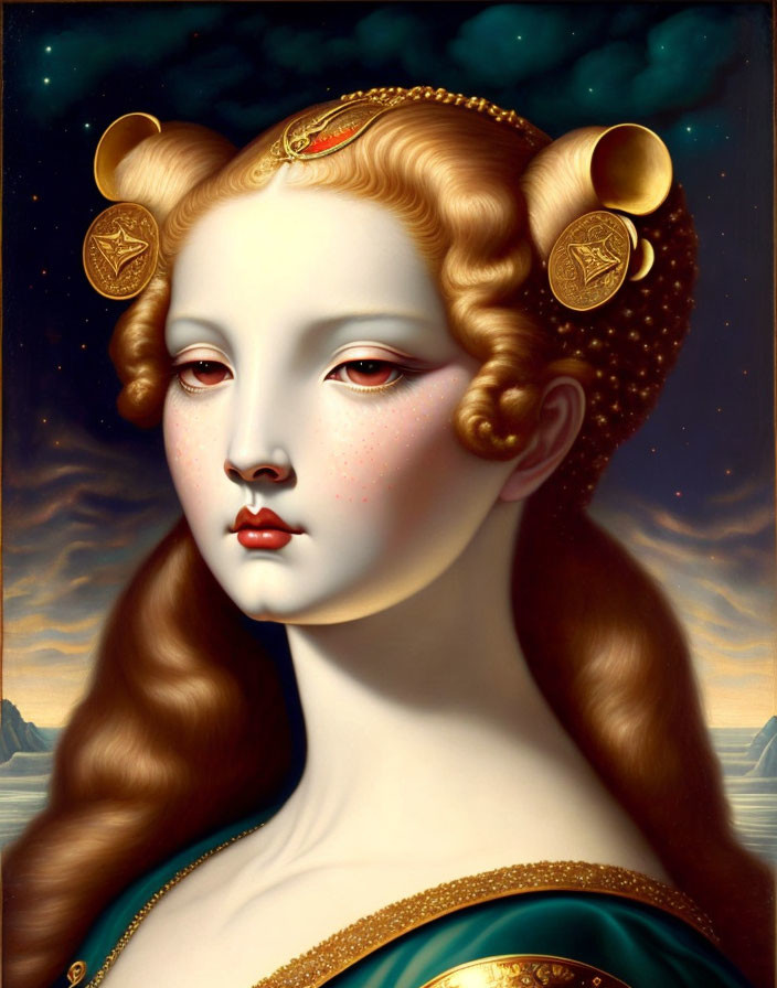 Surreal painting of woman with golden coin-adorned hair in classical style