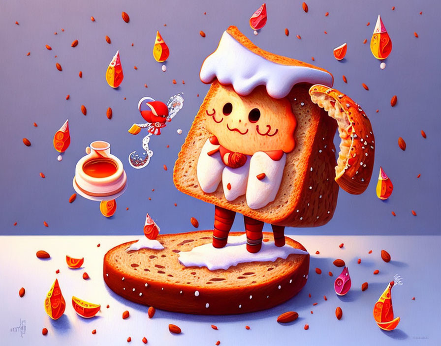 Whimsical anthropomorphic toast character with candy and bread slice.