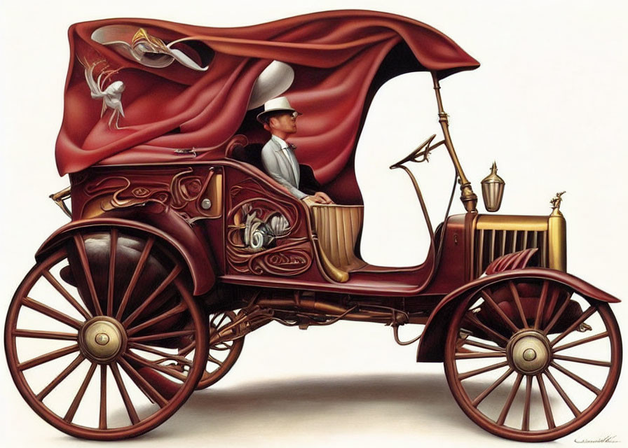 Stylized painting of person in top hat driving vintage car