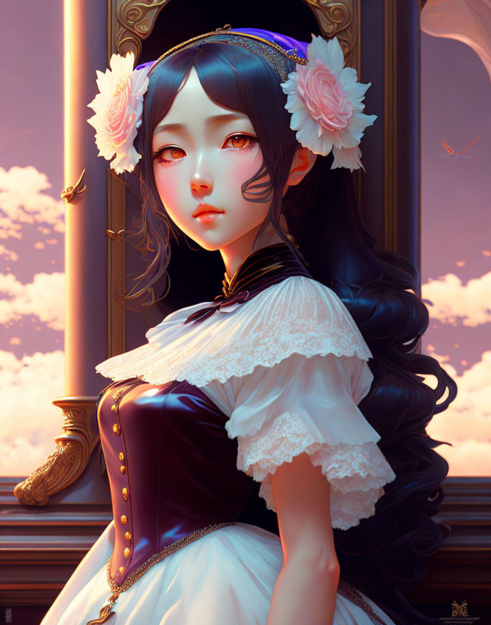 Illustrated female character with large eyes, dark hair, pink flowers, butterflies, Victorian outfit