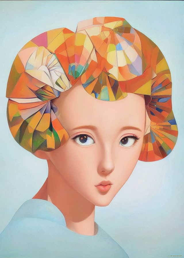 Colorful Geometric Headpiece on Fair-Skinned Figure in Modern Surreal Painting